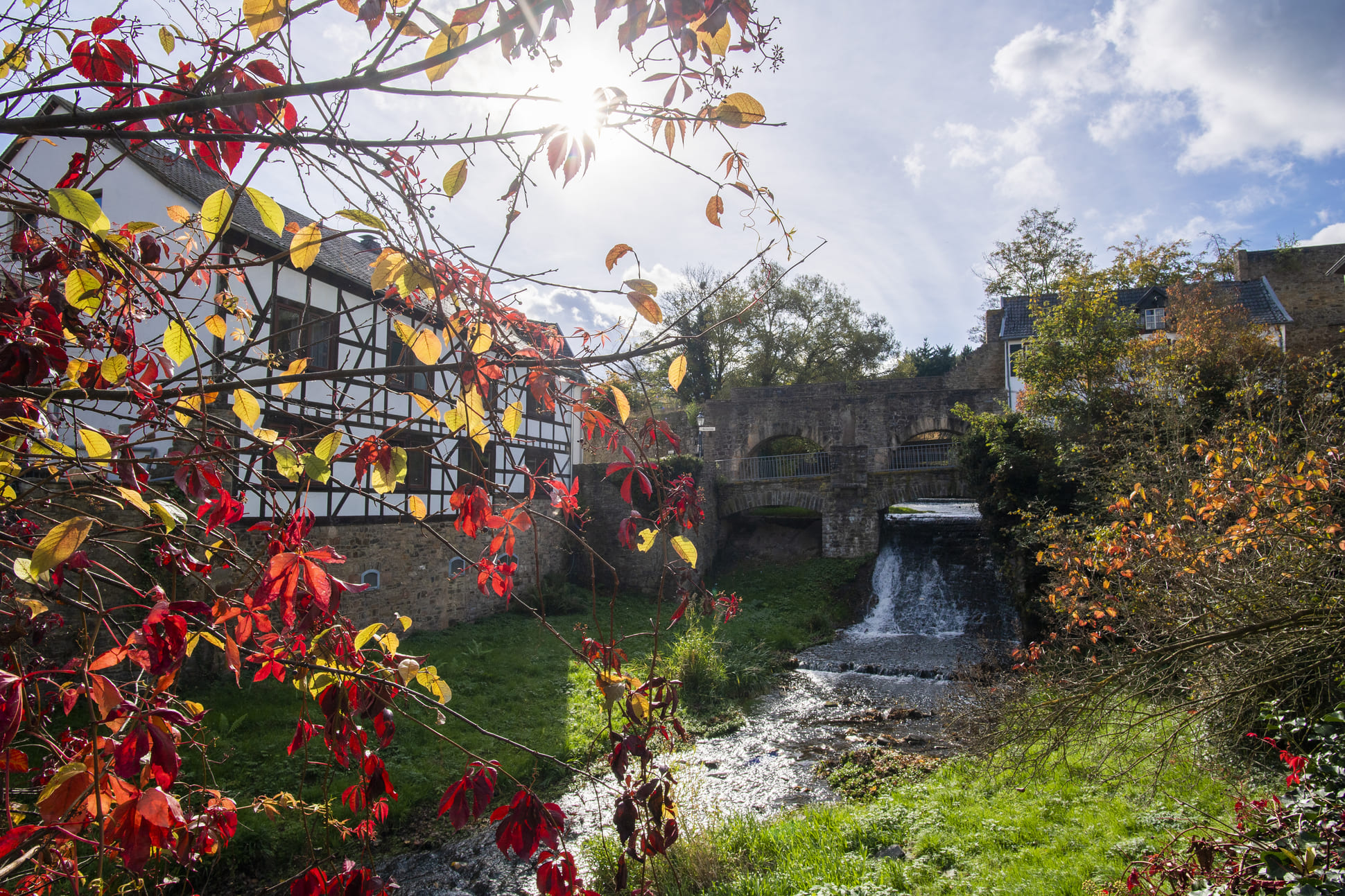 Sonniger Herbsttag mi buntem Laub im Vordergrund, Blick auf Flüsschen mit Fachwerkhaus und Natursteinbrücke. Gegenlicht